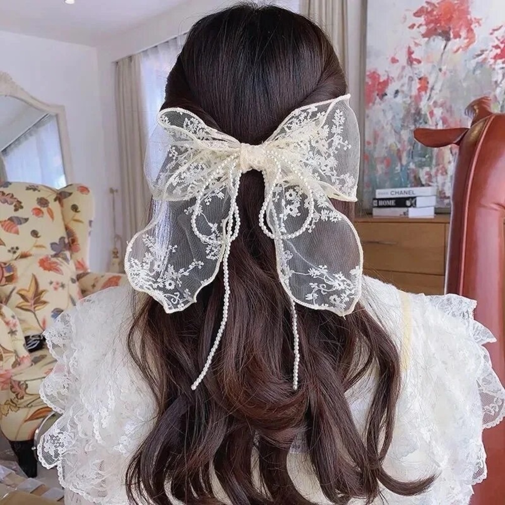 Beige Lace & Pearl Bow French Barrette Hair Clip - Picture 5 of 6